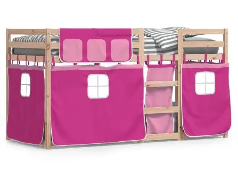 Pat supraetajat cu perdele, roz, 90x200 cm, lemn masiv pin - 2/5