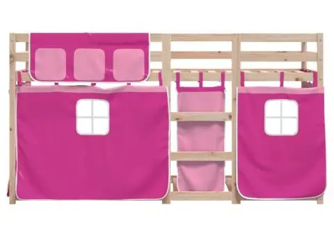 Pat supraetajat cu perdele, roz, 90x200 cm, lemn masiv pin - 5/5
