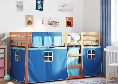 Pat supraetajat cu perdele, albastru, 90x200 cm, lemn masiv pin - 1/5