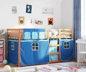 vidaXL Pat supraetajat cu perdele, albastru, 90x200 cm, lemn masiv pin