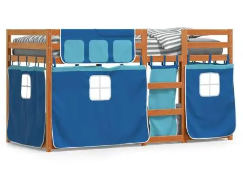 Pat supraetajat cu perdele, albastru, 90x200 cm, lemn masiv pin - 2/5