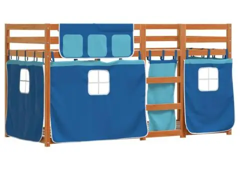 Pat supraetajat cu perdele, albastru, 90x200 cm, lemn masiv pin - 3/5