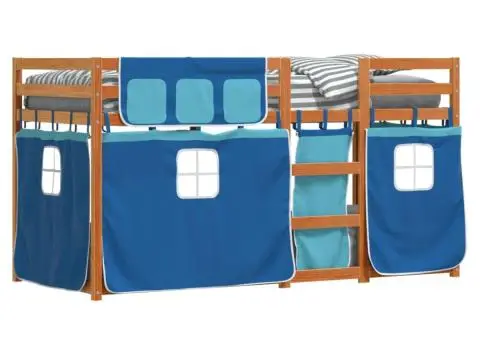 Pat supraetajat cu perdele, albastru, 90x200 cm, lemn masiv pin - 4/5