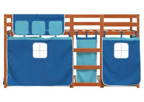 Pat supraetajat cu perdele, albastru, 90x200 cm, lemn masiv pin - 5/5