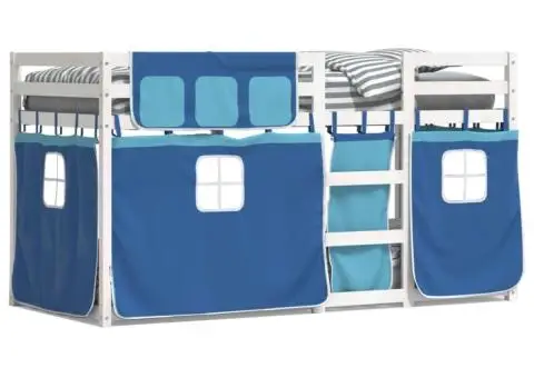 Pat supraetajat cu perdele, albastru, 90x200 cm, lemn masiv pin - 2/5