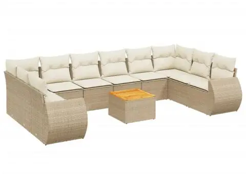 Set canapele de grădină cu perne, 11 piese, bej, poliratan - 2/3