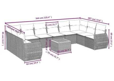 Set canapele de grădină cu perne, 11 piese, bej, poliratan - 3/3