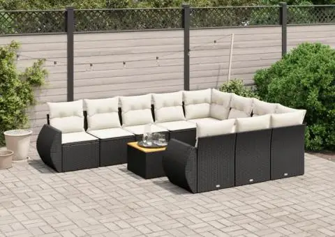 Set canapele de grădină cu perne, 11 piese, negru, poliratan - 1/3