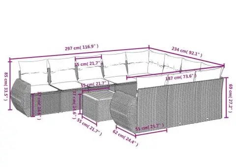 Set canapele de grădină cu perne, 11 piese, negru, poliratan - 3/3