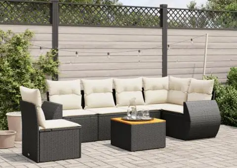 Set canapele de grădină cu perne, 7 piese, negru, poliratan - 1/5