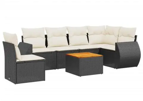 Set canapele de grădină cu perne, 7 piese, negru, poliratan - 2/5