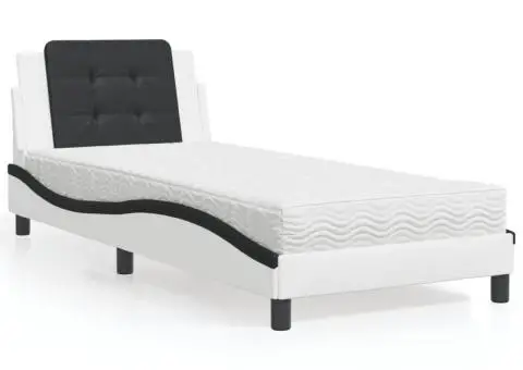 Pat cu saltea, alb și negru, 90x190 cm, piele ecologică - 1/5