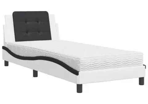 Pat cu saltea, alb și negru, 90x190 cm, piele ecologică - 2/5