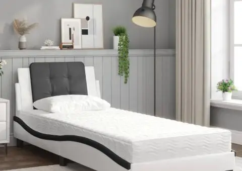 Pat cu saltea, alb și negru, 90x190 cm, piele ecologică - 3/5