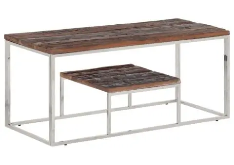 Măsuță cafea, argintiu, oțel inoxidabil și traverse lemn masiv - 1/5