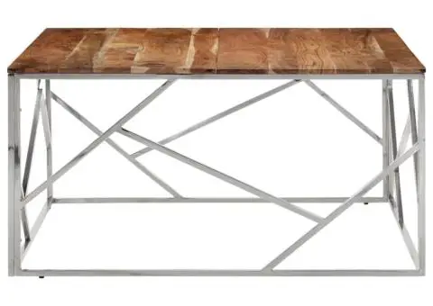 Măsuță de cafea, argintiu, oțel inoxidabil și lemn masiv acacia - 3/5