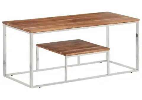 Măsuță de cafea, argintiu, oțel inoxidabil și lemn masiv acacia - 1/5