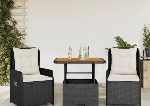 Set bistro cu perne, 3 piese, negru, poliratan - 1/5