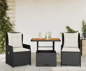 vidaXL Set bistro cu perne, 3 piese, negru, poliratan