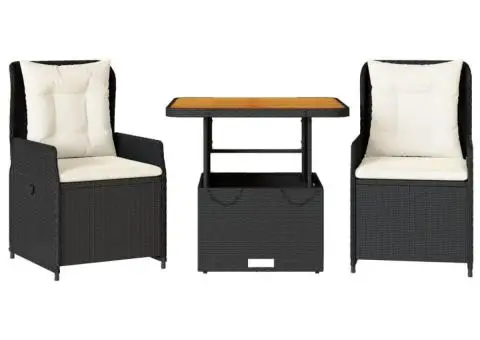 Set bistro cu perne, 3 piese, negru, poliratan - 2/5