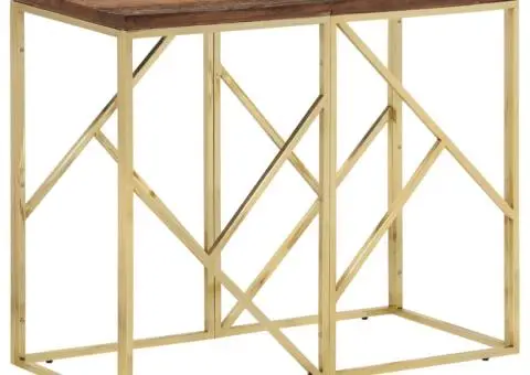 Masă consolă, auriu, oțel inoxidabil și traverse lemn masiv - 1/5