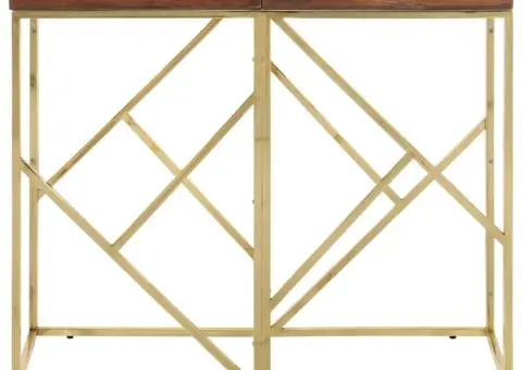 Masă consolă, auriu, oțel inoxidabil și traverse lemn masiv - 2/5