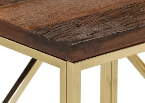 Masă consolă, auriu, oțel inoxidabil și traverse lemn masiv - 4/5
