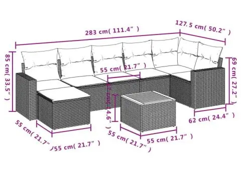 Set canapele de grădină cu perne, 8 piese, gri, poliratan - 3/3