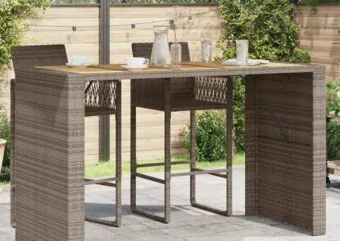 Masă bar grădină, blat lemn acacia, gri 185x80x110 cm poliratan - 1/5