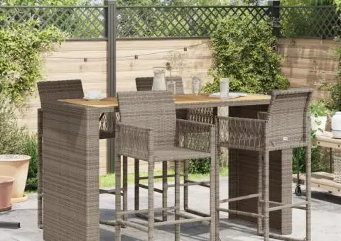 Masă bar grădină, blat lemn acacia, gri 185x80x110 cm poliratan - 3/5