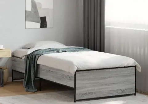 Cadru de pat, gri sonoma, 100x200 cm, lemn prelucrat și metal - 1/5