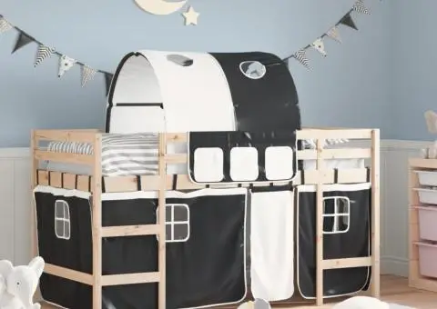 Pat etajat de copii cu tunel alb/negru 80x200 cm lemn masiv pin - 1/5