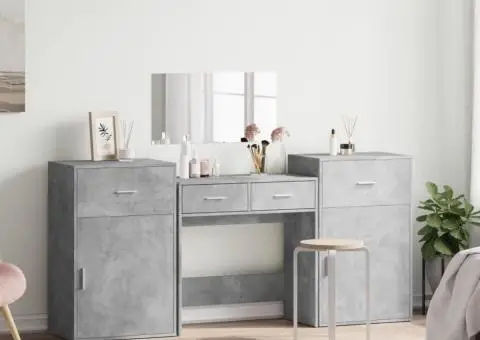 Set de măsuță de toaletă, 4 piese, gri beton, lemn prelucrat - 3/5