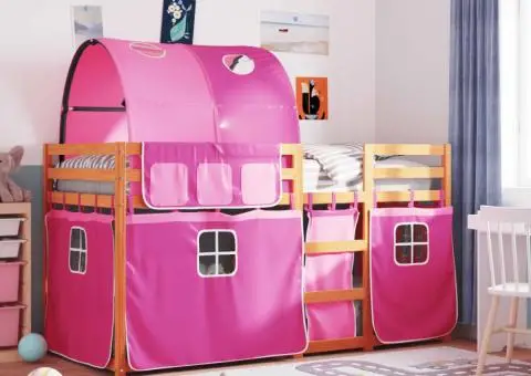 Pat supraetajat cu perdele, roz, 90x200 cm, lemn masiv pin - 1/5