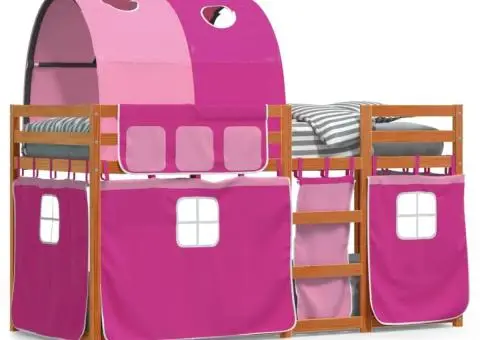 Pat supraetajat cu perdele, roz, 90x200 cm, lemn masiv pin - 2/5
