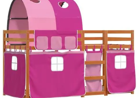 Pat supraetajat cu perdele, roz, 90x200 cm, lemn masiv pin - 3/5
