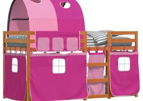 Pat supraetajat cu perdele, roz, 90x200 cm, lemn masiv pin - 4/5