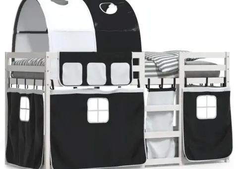 Pat supraetajat de copii perdele, alb/negru, 80x200 cm lemn pin - 2/5