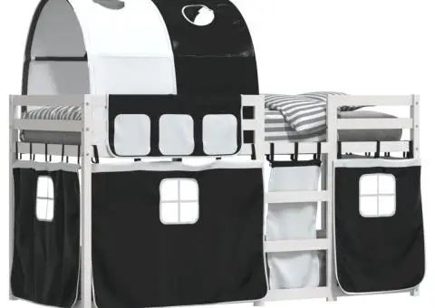 Pat supraetajat de copii perdele, alb/negru, 80x200 cm lemn pin - 4/5