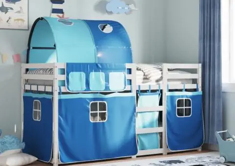 Pat supraetajat cu perdele, albastru, 90x190 cm, lemn masiv pin - 1/5