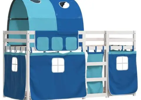 Pat supraetajat cu perdele, albastru, 90x190 cm, lemn masiv pin - 3/5