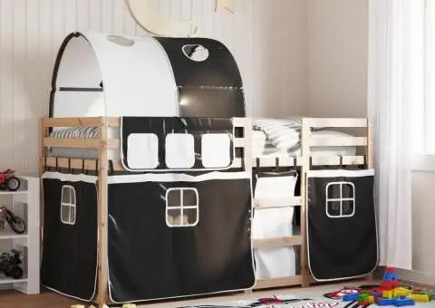 Pat supraetajat de copii perdele, alb/negru, 90x190 cm lemn pin - 1/5