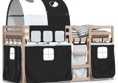 Pat supraetajat de copii perdele, alb/negru, 90x190 cm lemn pin - 2/5