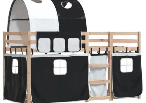 Pat supraetajat de copii perdele, alb/negru, 90x190 cm lemn pin - 3/5