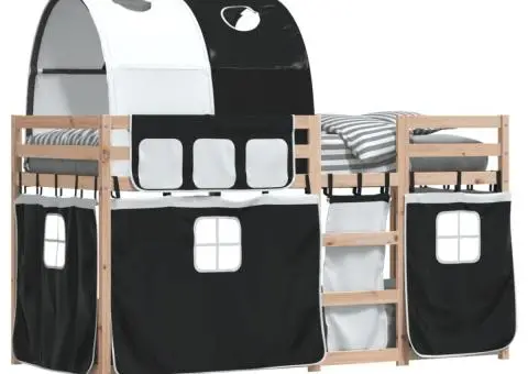 Pat supraetajat de copii perdele, alb/negru, 90x190 cm lemn pin - 4/5