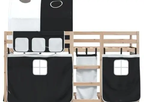 Pat supraetajat de copii perdele, alb/negru, 90x190 cm lemn pin - 5/5