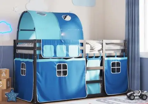 Pat supraetajat cu perdele, albastru, 90x200 cm, lemn masiv pin - 1/5