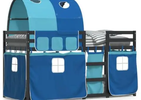 Pat supraetajat cu perdele, albastru, 90x200 cm, lemn masiv pin - 2/5