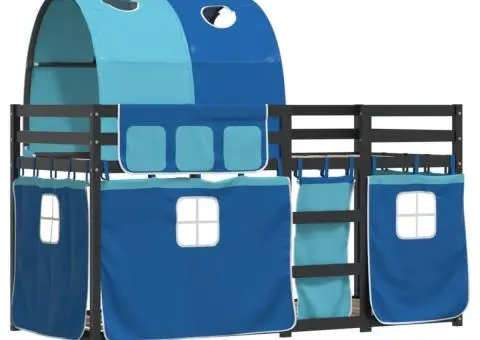 Pat supraetajat cu perdele, albastru, 90x200 cm, lemn masiv pin - 3/5