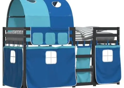 Pat supraetajat cu perdele, albastru, 90x200 cm, lemn masiv pin - 4/5